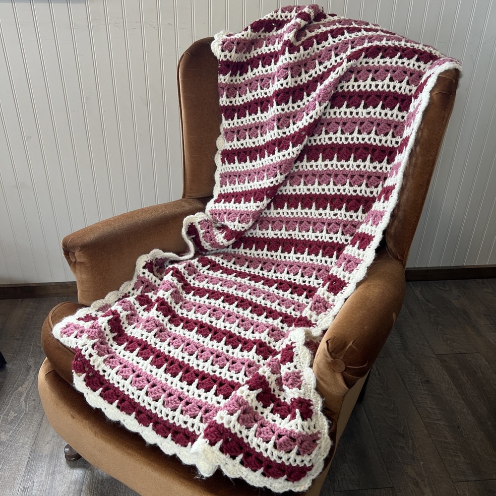 Handmade Crochet Afghan Blanket Striped Throw Cream Burgundy Rose Scalloped Edge